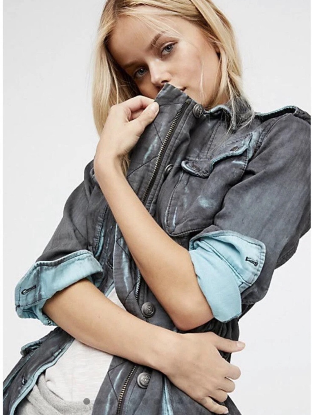 Free People Double Cloth Jacket  Military Drawstring Size XS Gray NWOT
